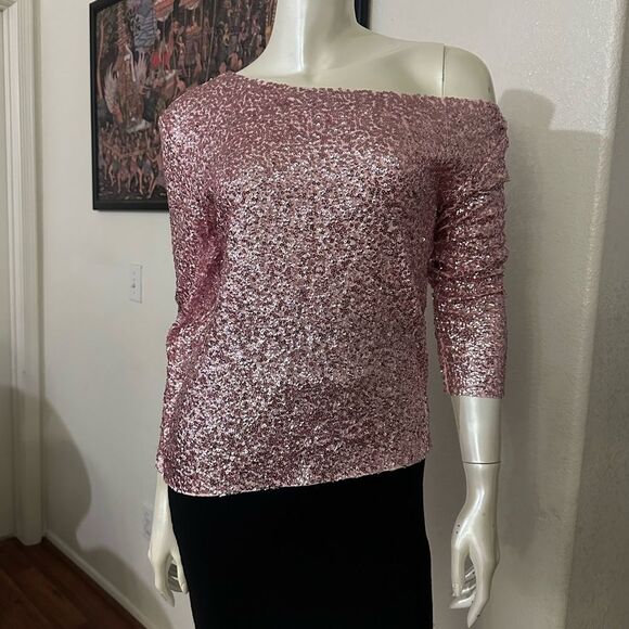 NORMA KAMALI SEQUINED OFF-SHOULDER TOP IN METALLIC ROSE - Picture 3 of 11